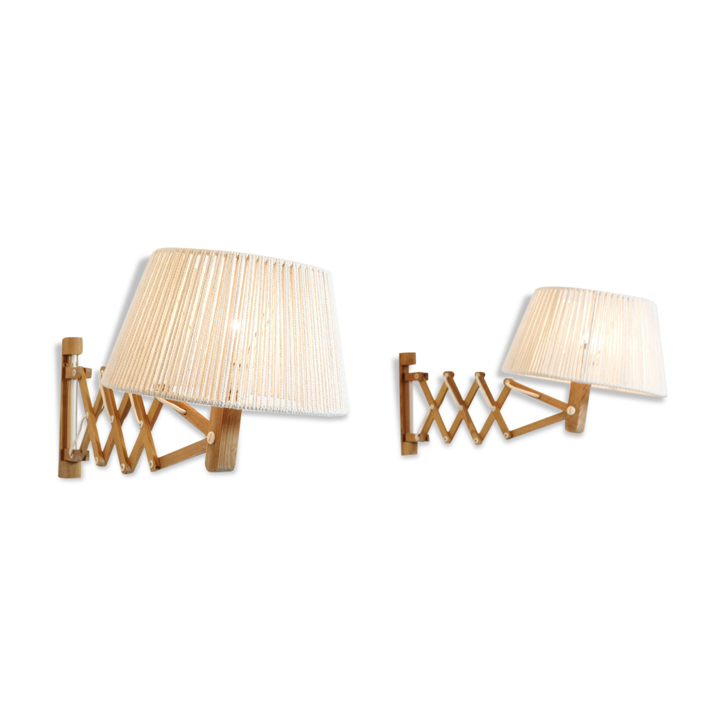 Pair of pine accordion sconces with cotton rope lampshade.