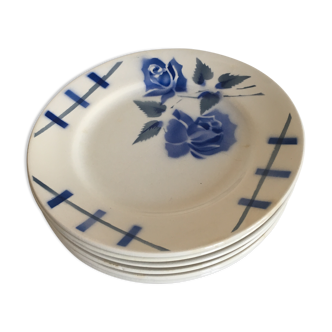 Lot of 7 dinner plates with the blue floral decoration pottery of Longchamp