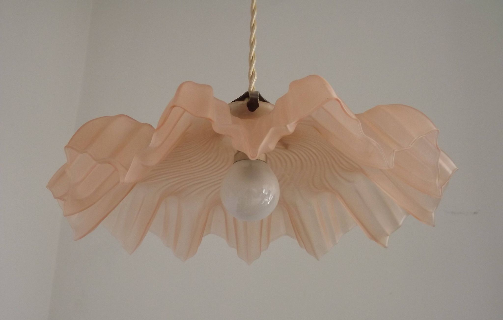 French Vintage 1930s Pink Frilled Glass Shade Hanging Light Brass Fittings