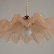 French Vintage 1930s Pink Frilled Glass Shade Hanging Light Brass Fittings