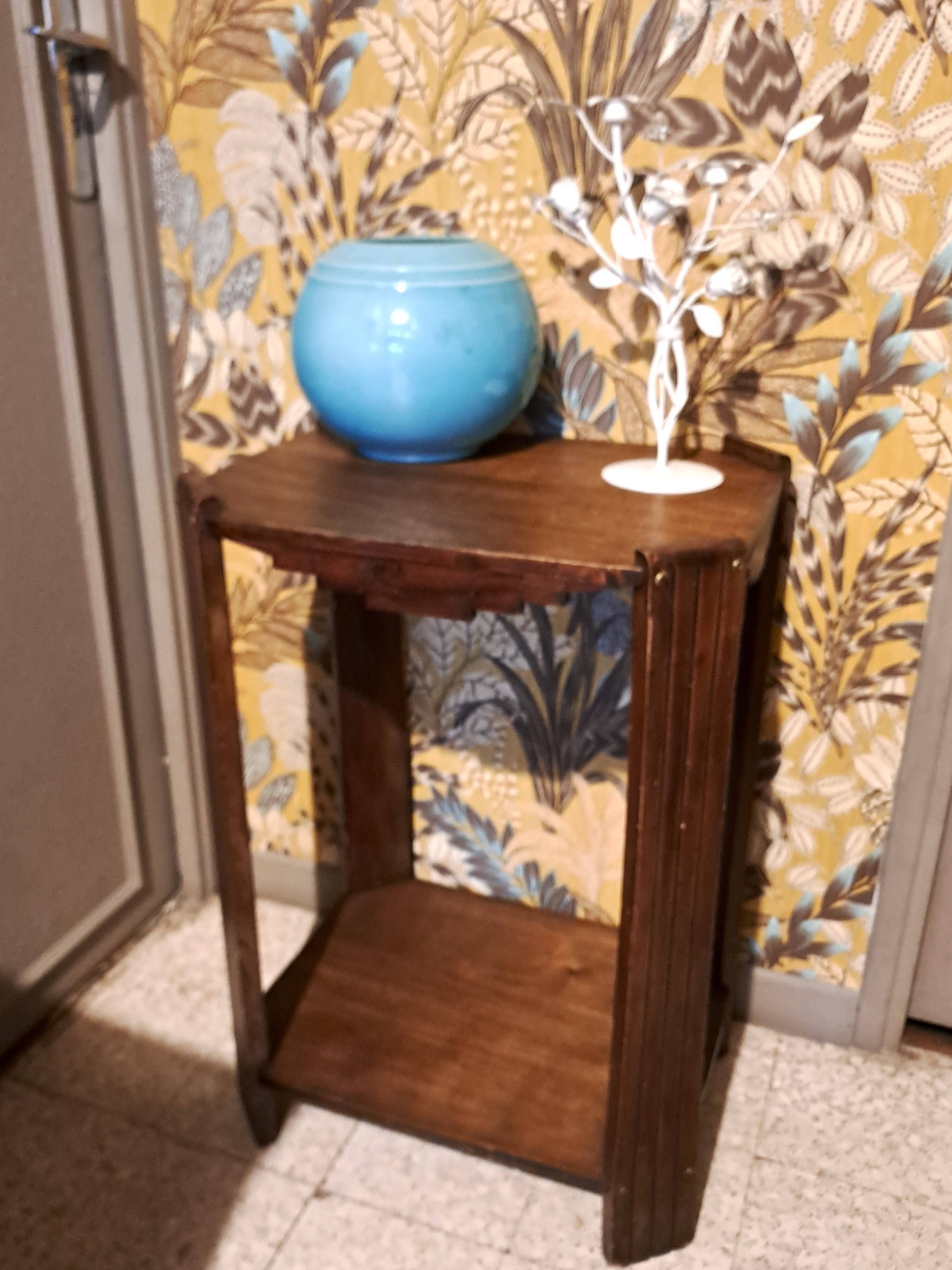 Art Deco side table in rectangular varnished brown wood with 2 shelves 1940