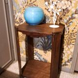 Art Deco side table in rectangular varnished brown wood with 2 shelves 1940