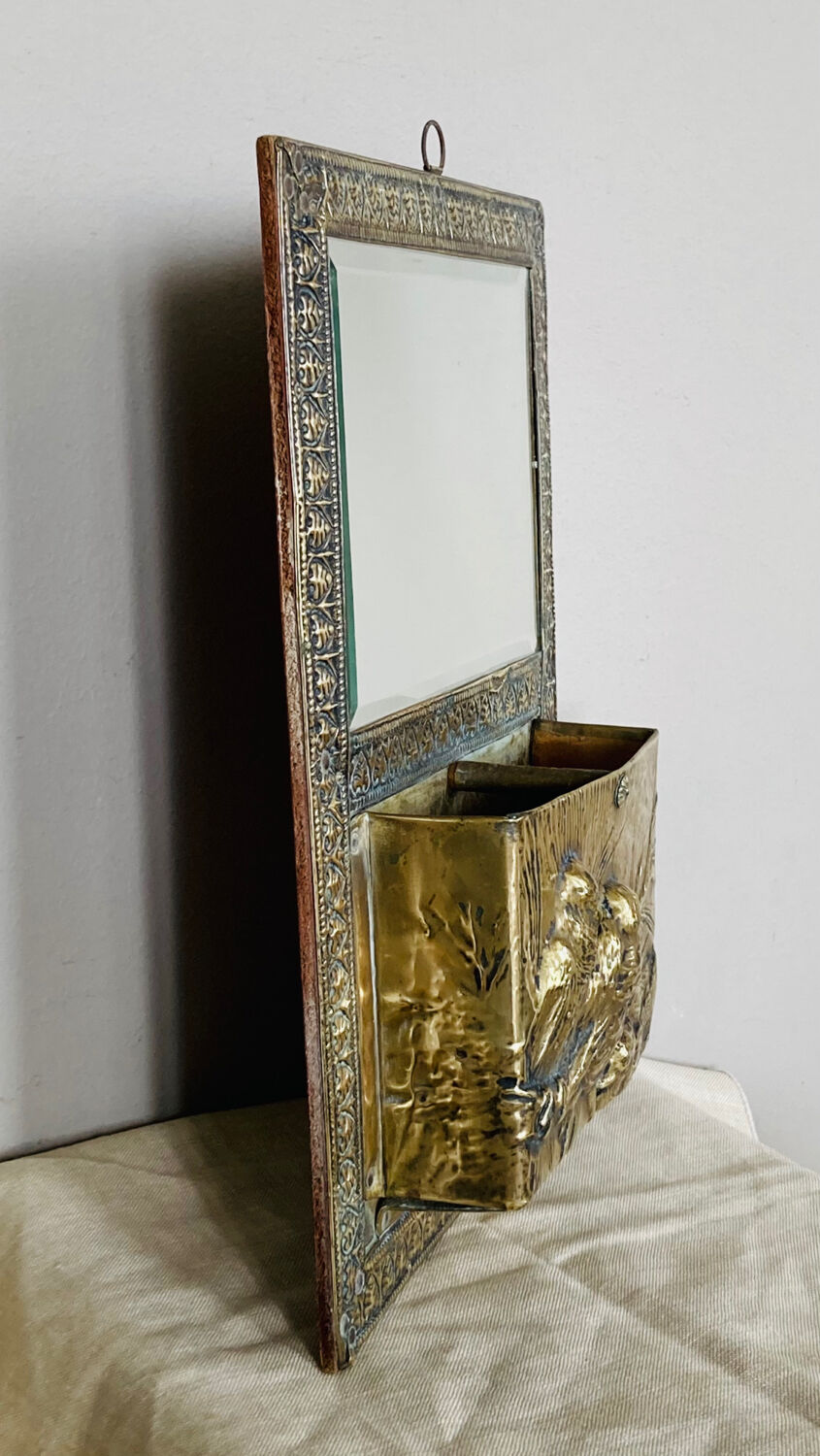 Art Nouveau mail rack in brass repelled beveled mirror early twentieth century