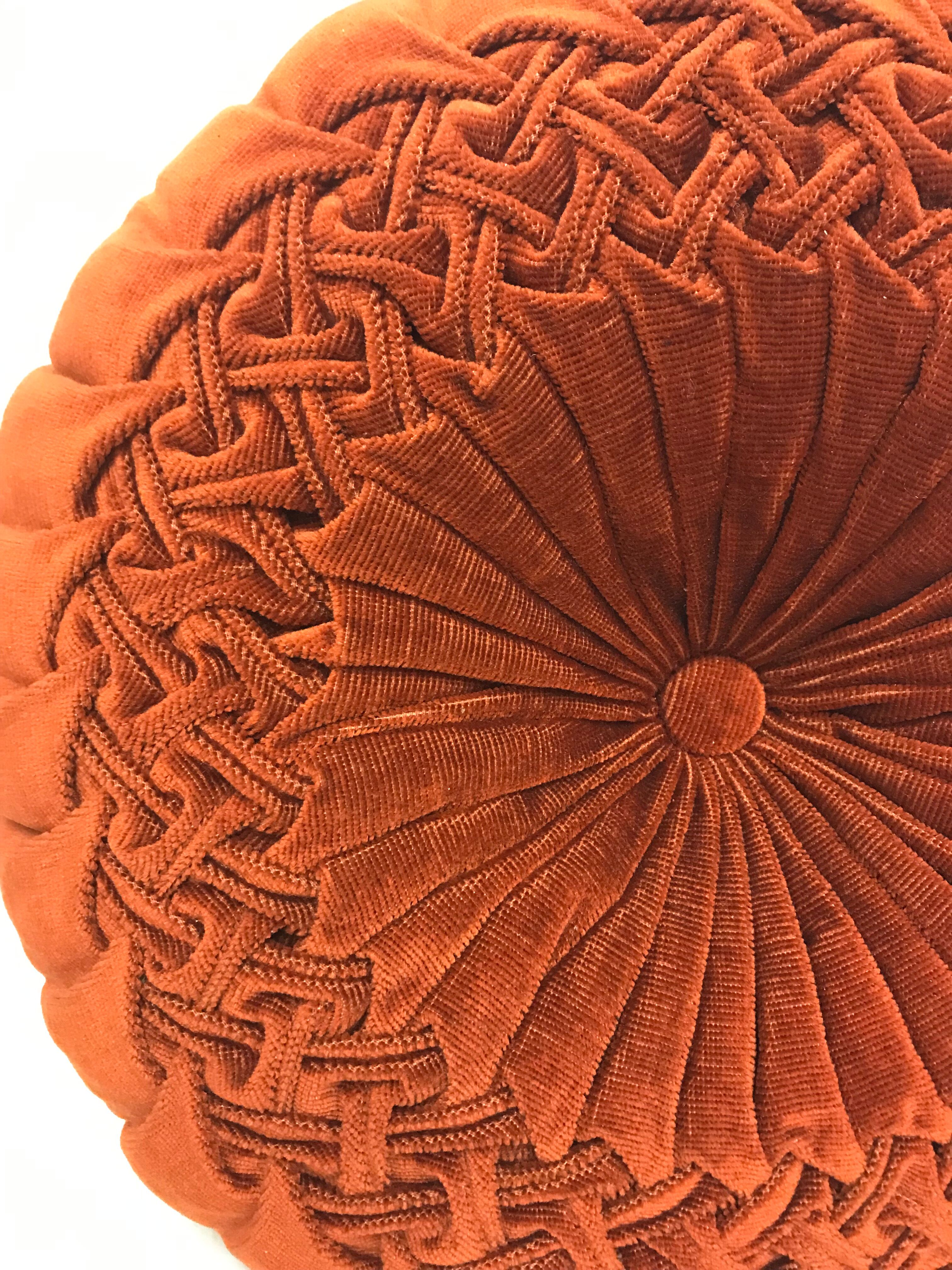 Round pleated cushion in vintage ribside velvet