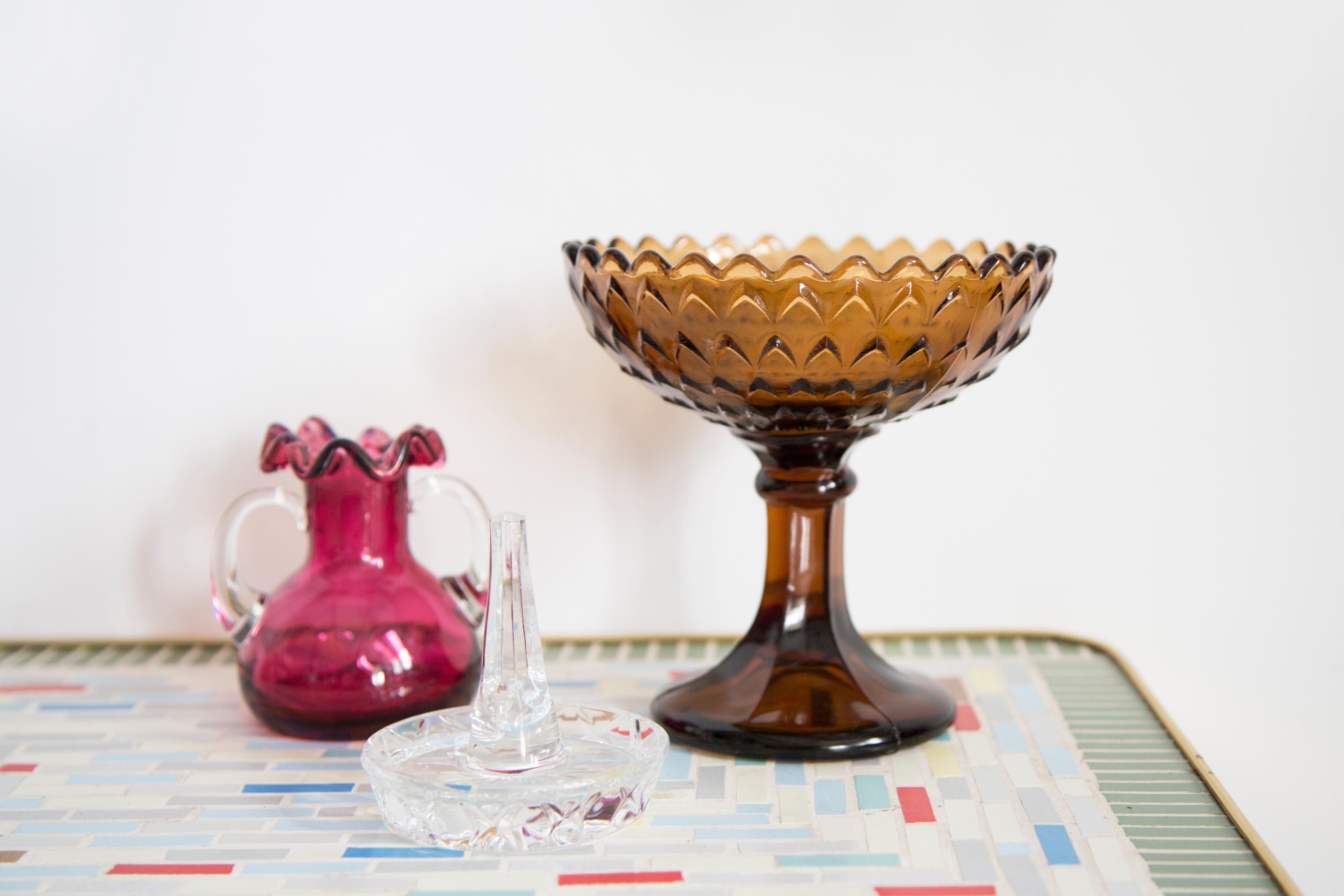 Vintage glass sugar bowl in brown, yellow, and orange, Italy, 1960s.