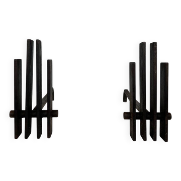 Pair of Modernist Steel Andirons with Vertical Bar Supports
