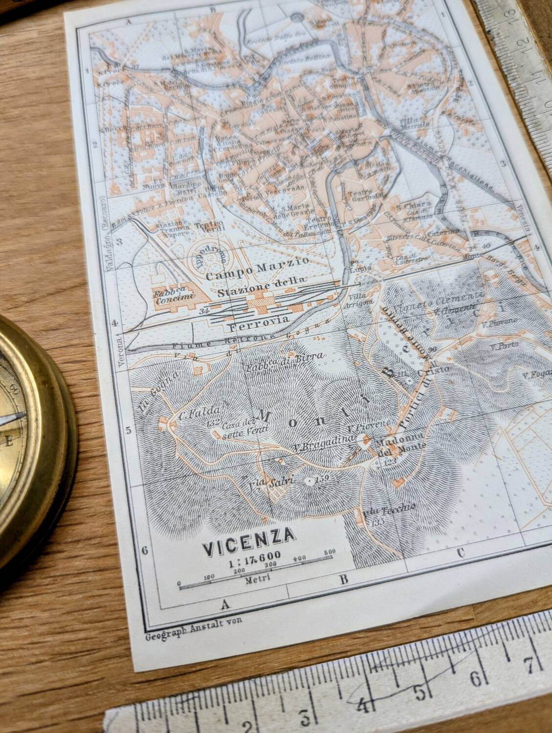 Vicenza, Italy, old map, printed in 1909. Authentic.