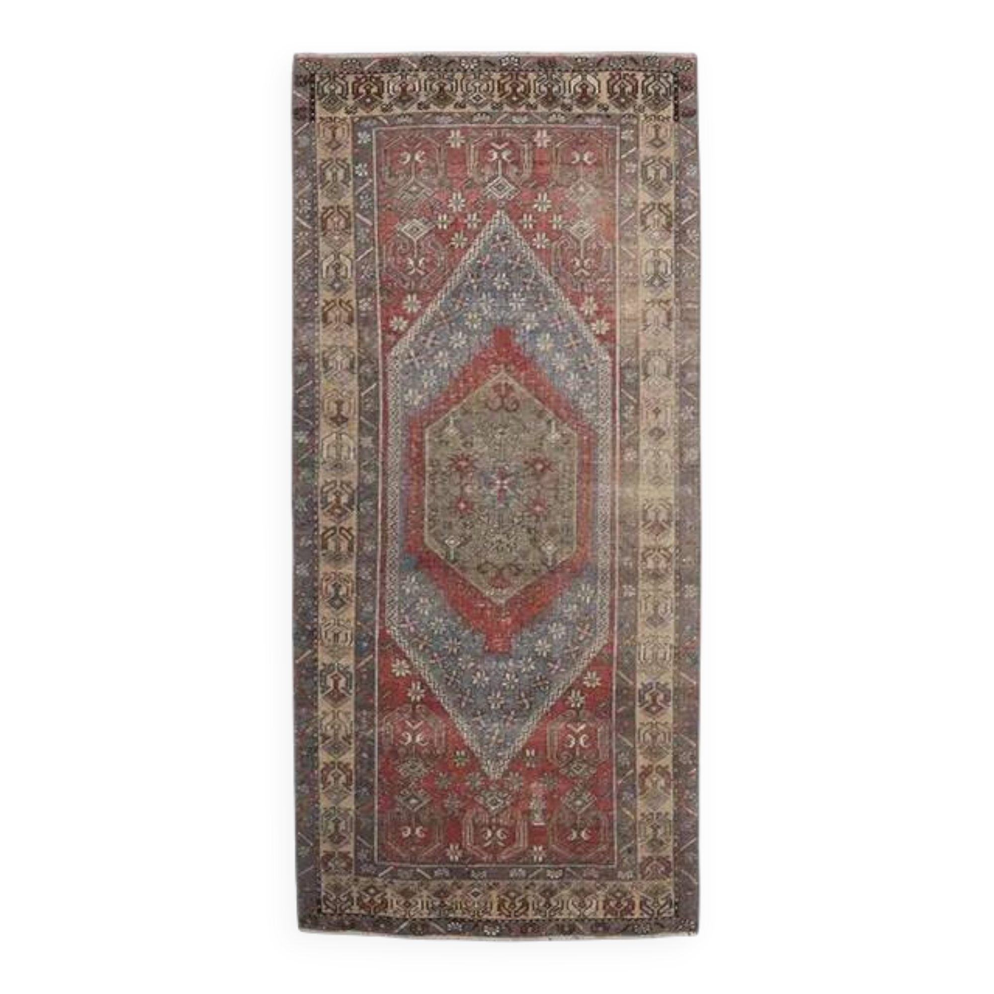 1970s Vintage Turkish Oushak Handmade Wool Cotton Red Area Rug 92x195