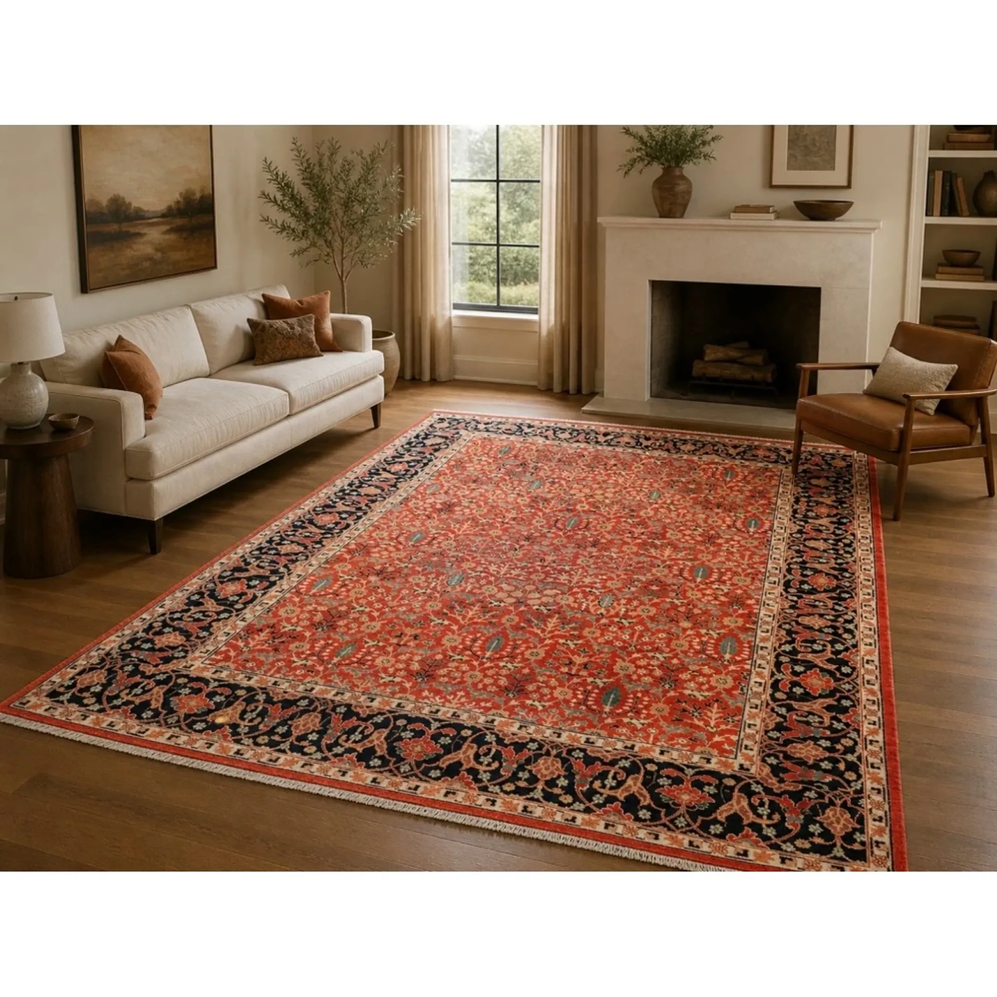 Hand-Knotted Area Rug with Floral Design, Red Wool Carpet for Living Room