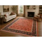 Hand-Knotted Area Rug with Floral Design, Red Wool Carpet for Living Room