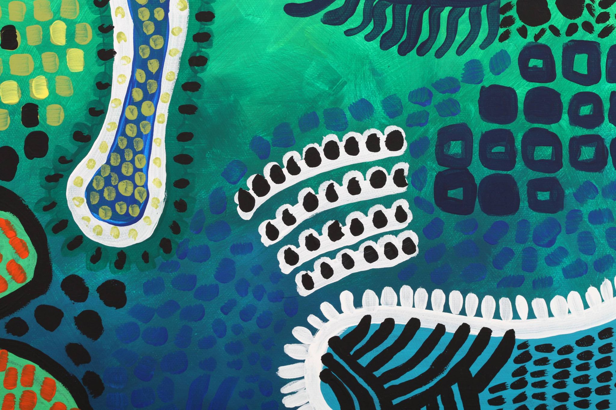 Peinture abstraite moderne verte, jaune, bleue et blanche avec techniques mixtes