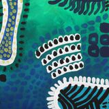 Modern abstract green, yellow, blue and white mixed media painting