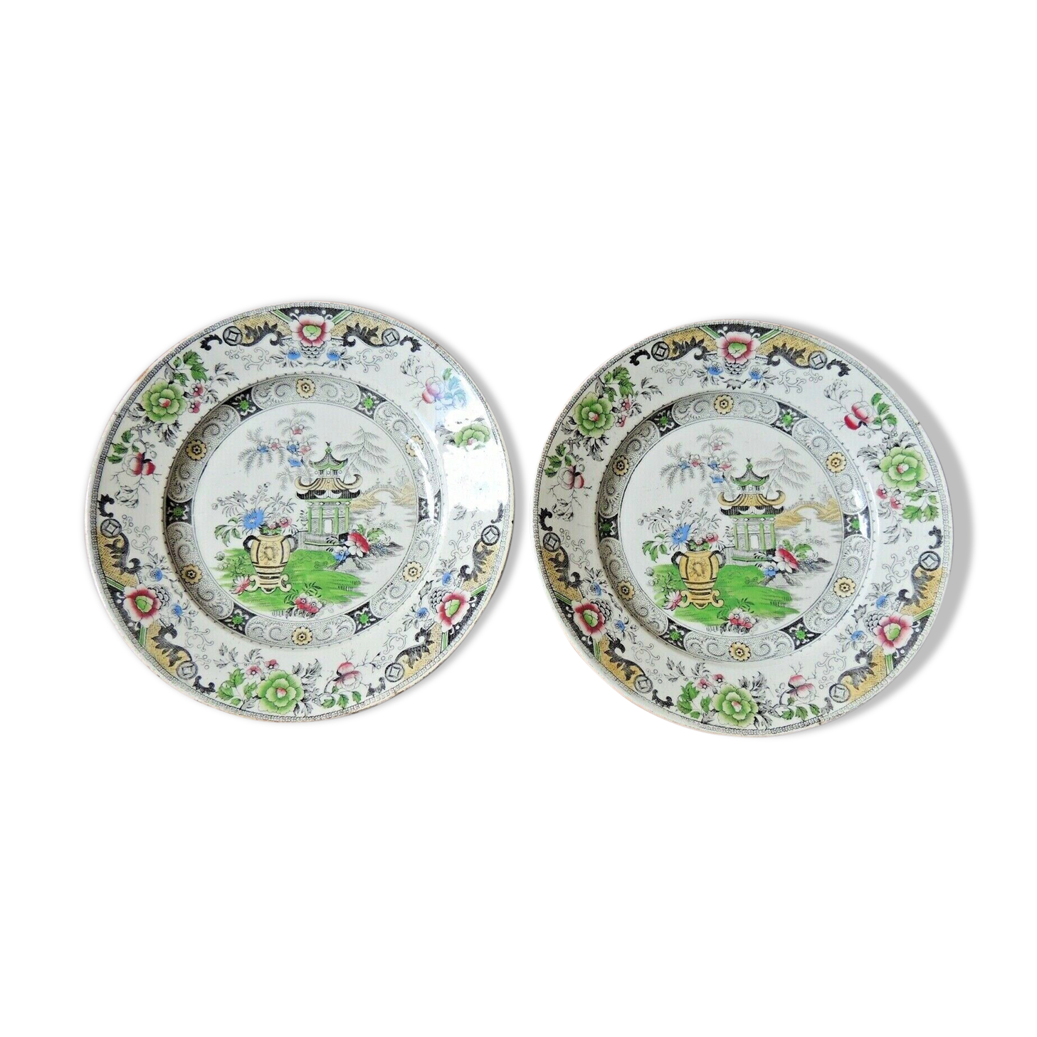 Set of 2 plates in faience Creil Montereau pagoda decorations
