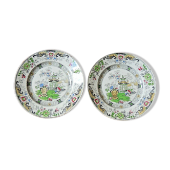Set of 2 plates in faience Creil Montereau pagoda decorations