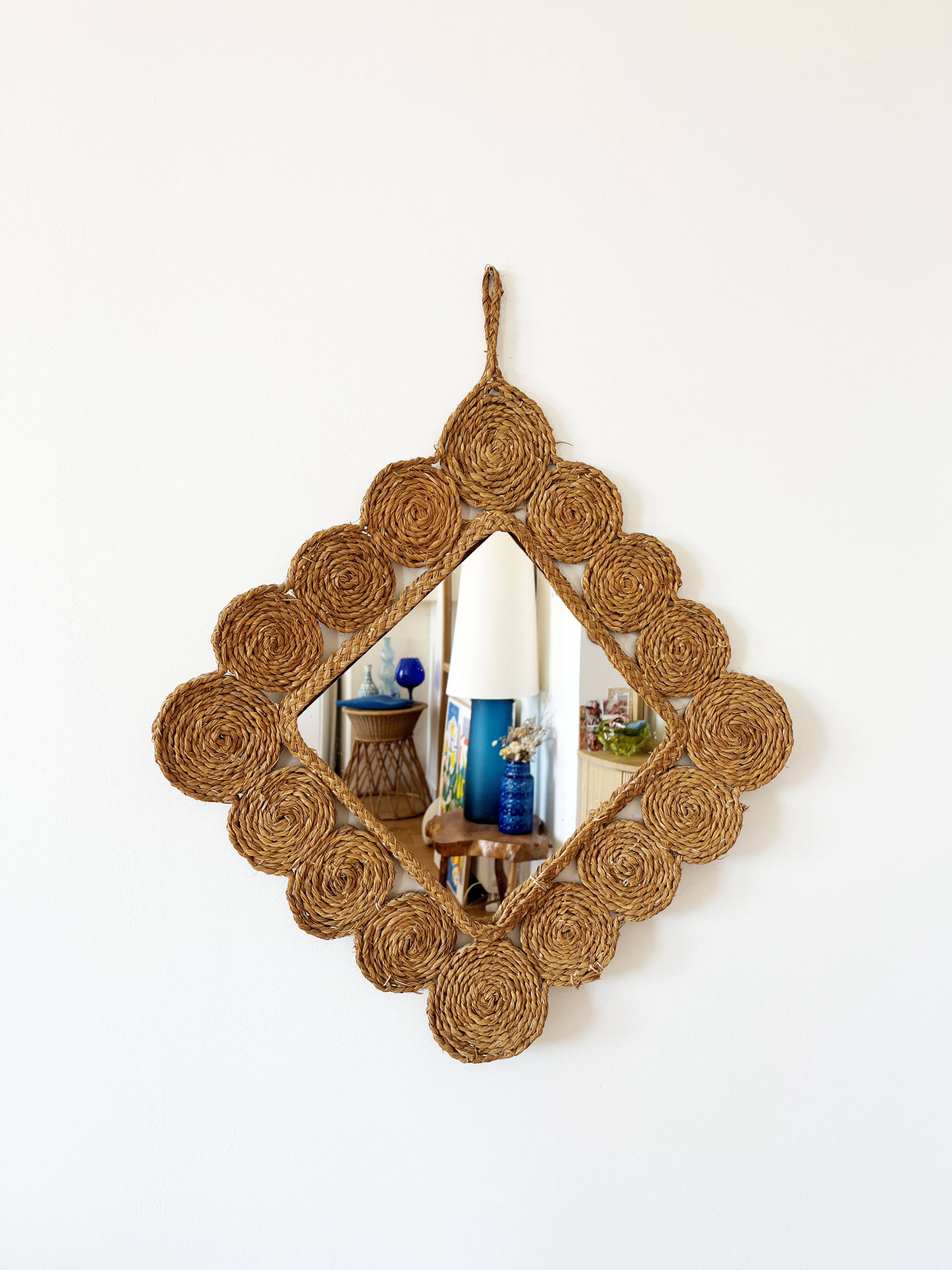 Vintage 1960s braided raffia mirror