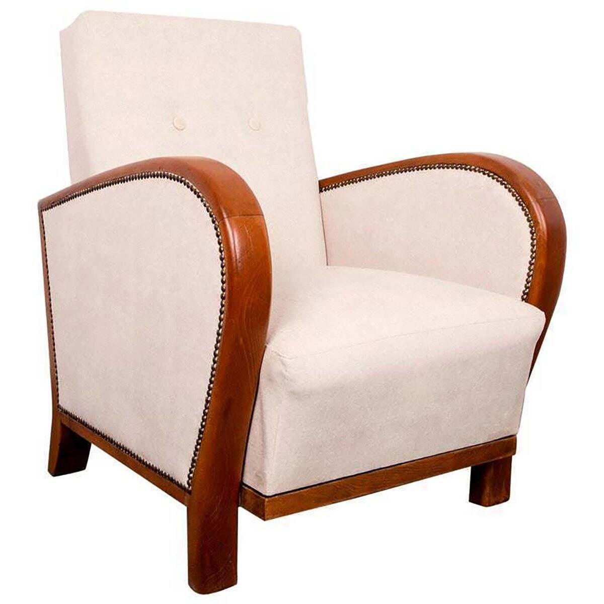 Art Deco armchair from the 1930s in beige fabric and carved wood, Hungarian origin.