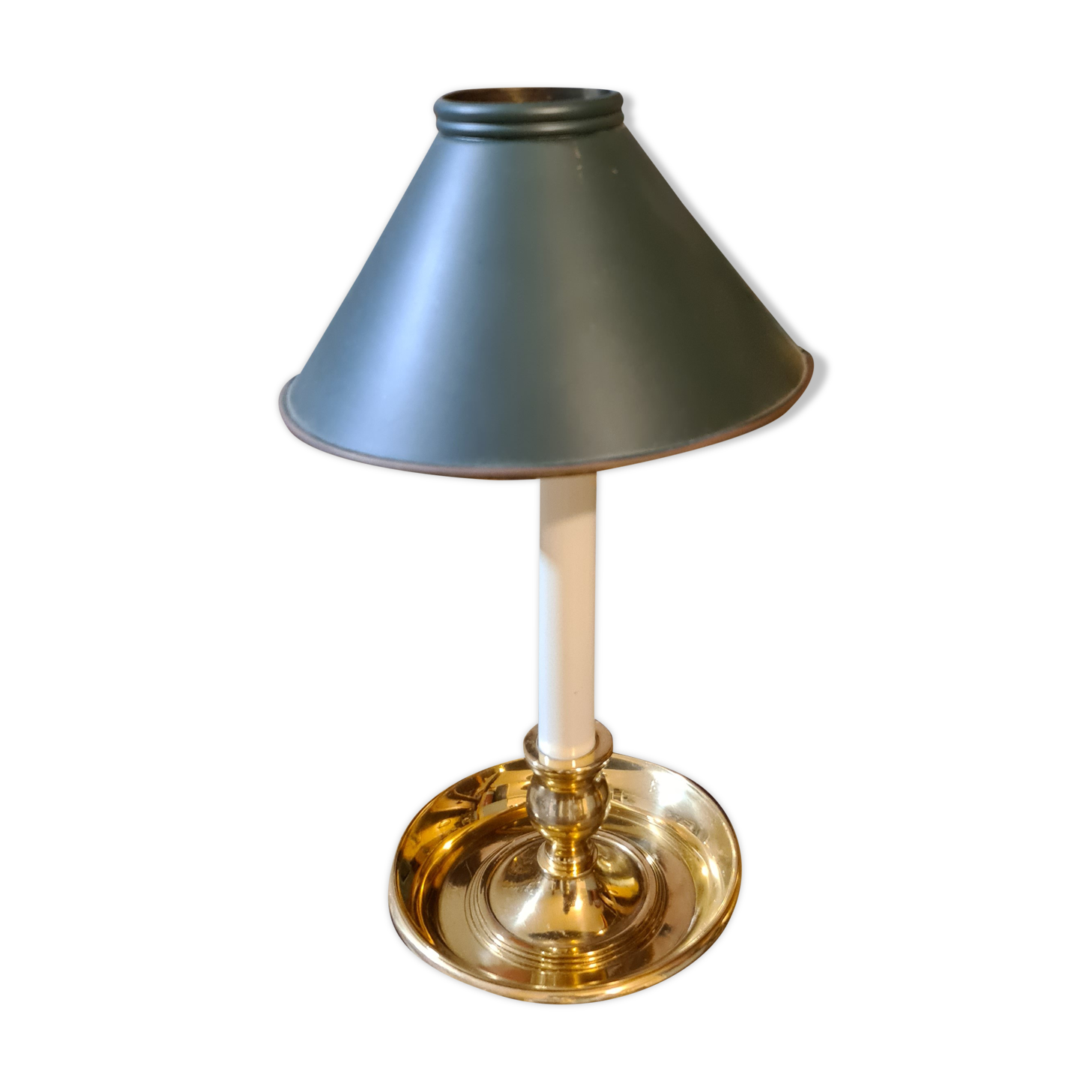 Lampe bouillote à main 19ème bronze doré  et abat jour acier vert