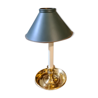 Lampe bouillote à main 19ème bronze doré  et abat jour acier vert