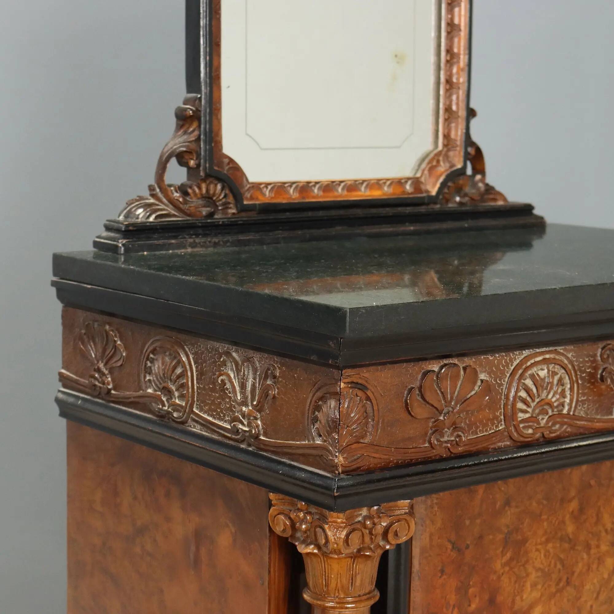 Antique walnut bedside tables with marble and burl, Italy, 20th century.