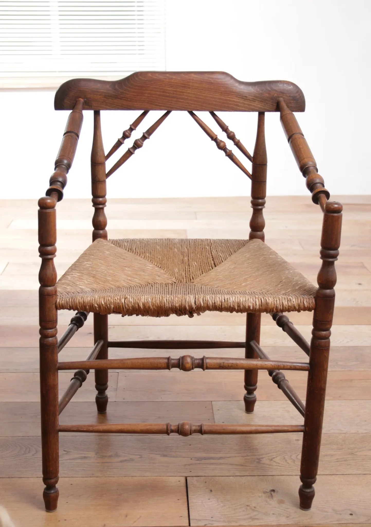 Rare antique Dutch oak armchair with rush seat