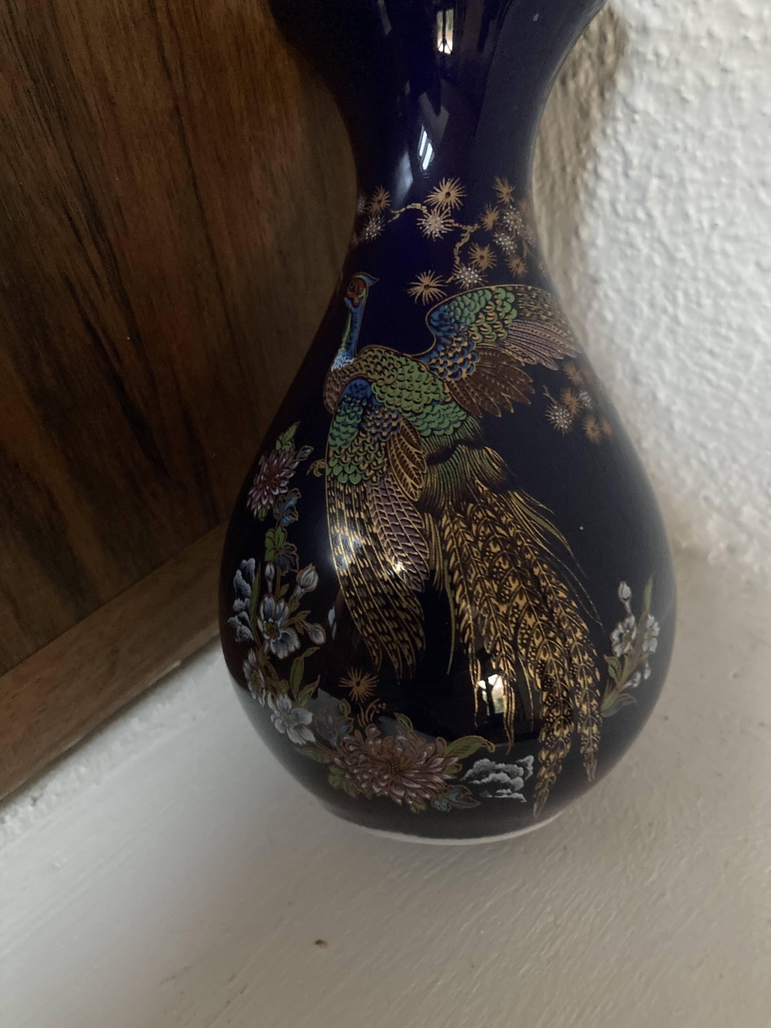 Limoges porcelain vase cobalt blue peacock motif orientalist flowers