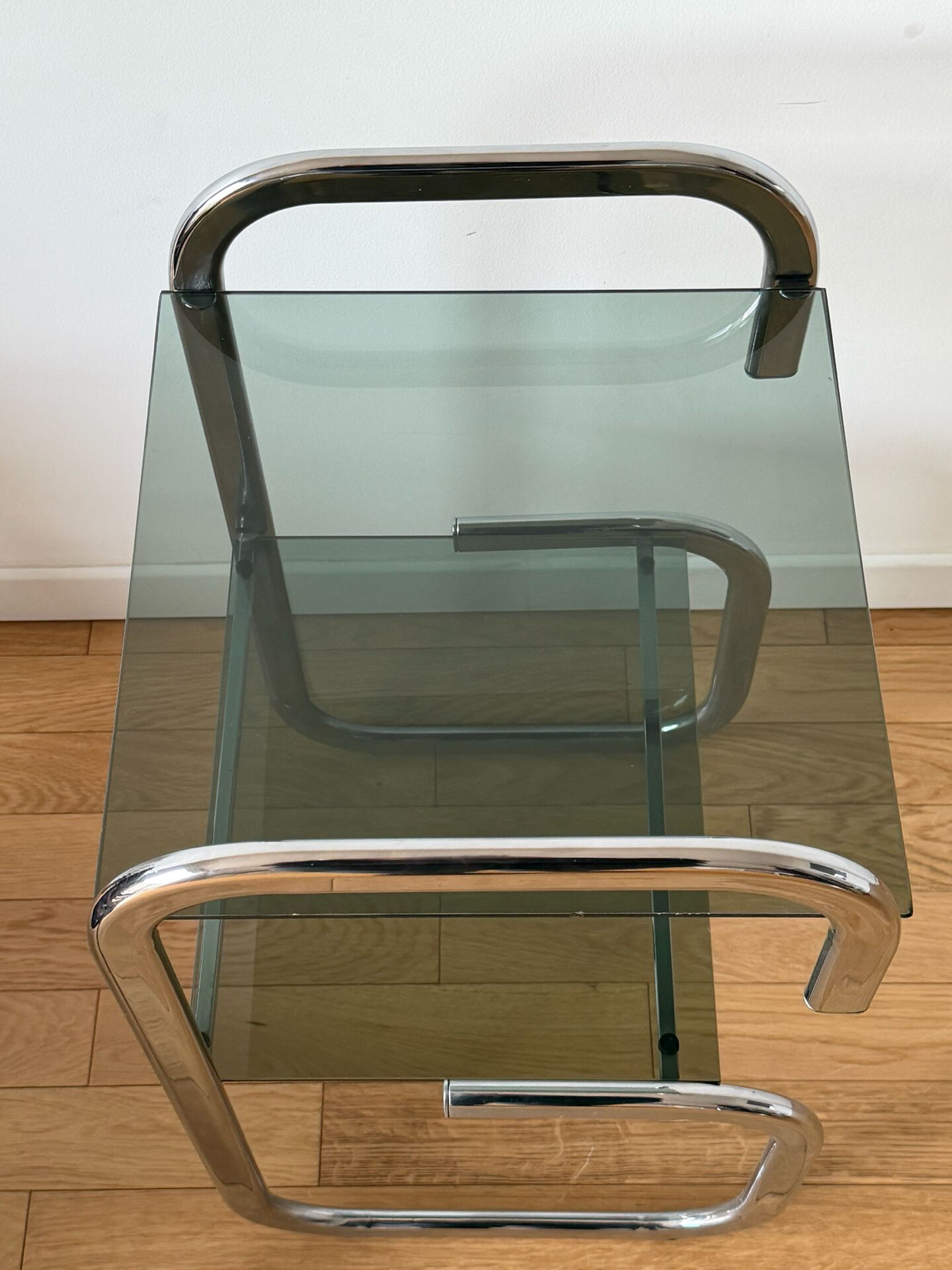Vintage side table in smoked glass and chrome