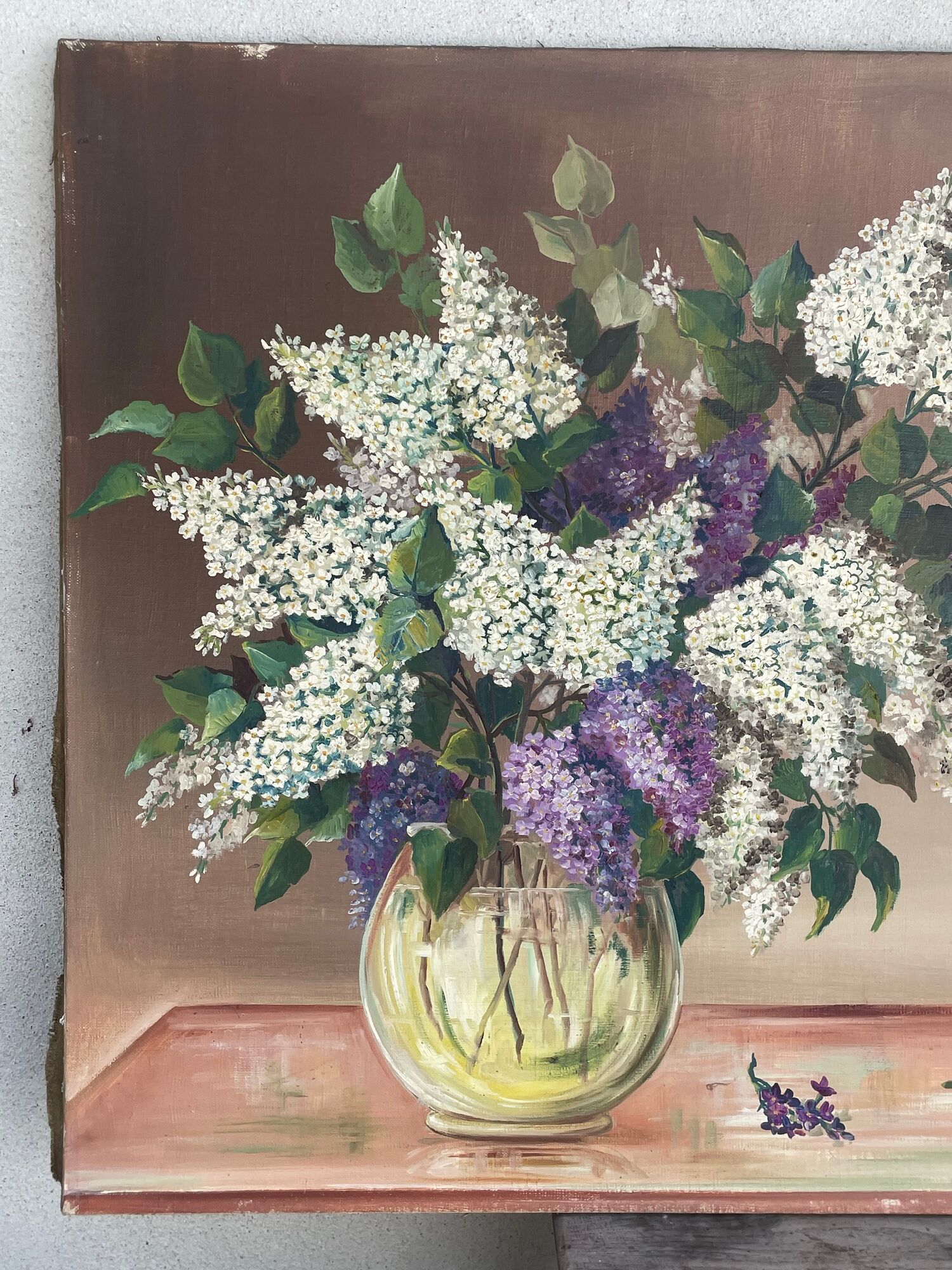 Painting without frame Oil on canvas Signed Ocadlik, Bouquet of lilacs