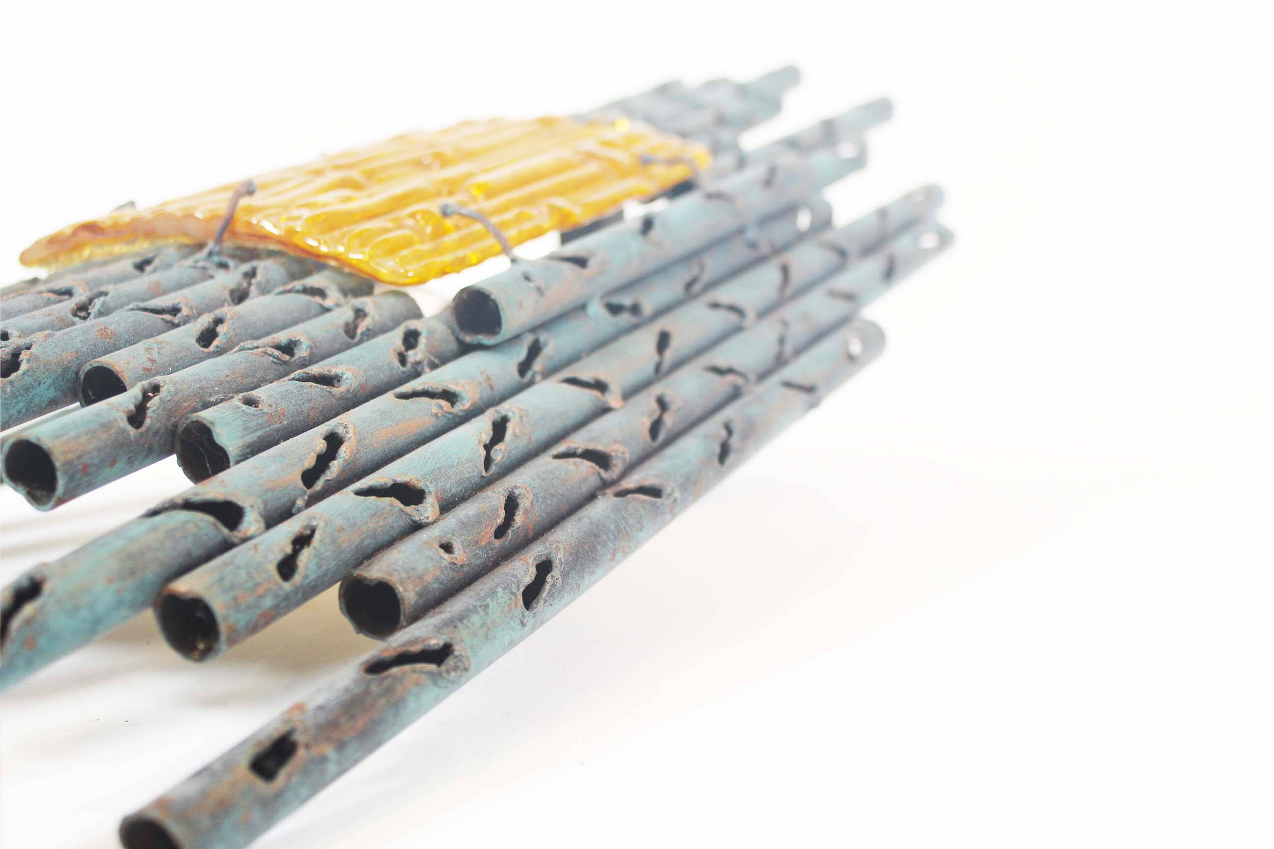 brutalist rough iron and glass wall sconce by Marcello Fantoni