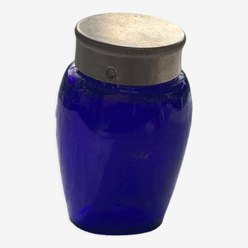 Ancien flacon de pharmacie en verre bleu cobalt et bouchon en étain, art deco