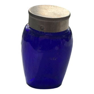 Old cobalt blue glass pharmacy bottle and pewter stopper, art deco