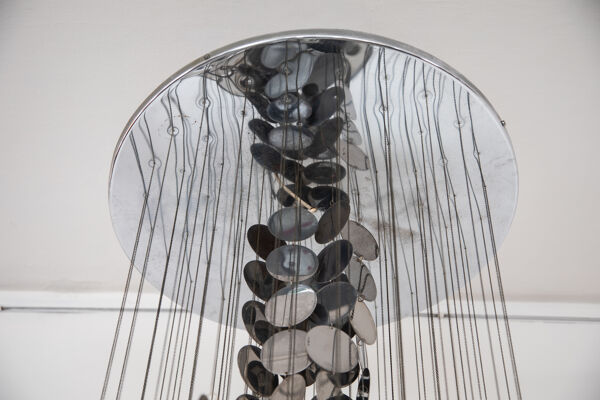 Lustre en verre opale Vistosi et disques chromés, Murano, Italie, années 1960