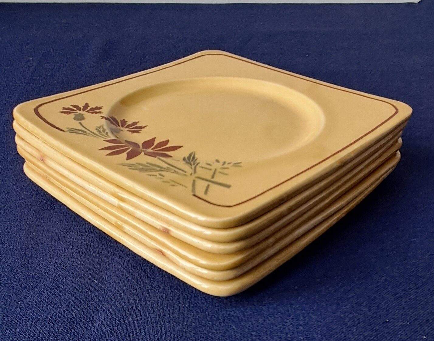 6 square dessert plates, ironstone. 1940s-50s.