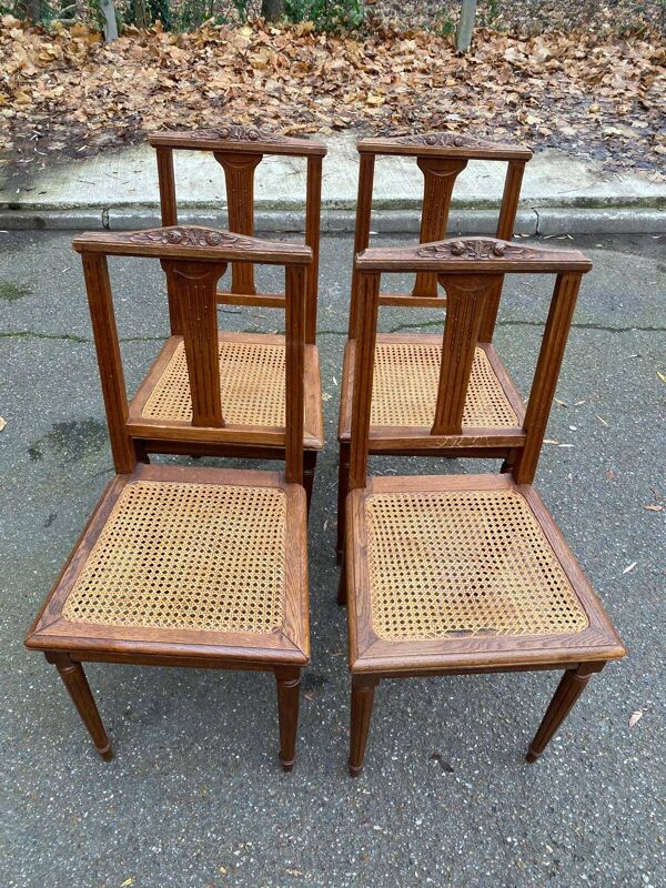 4 chaises art déco chêne massif cannées 1950 avec pieds ronds
