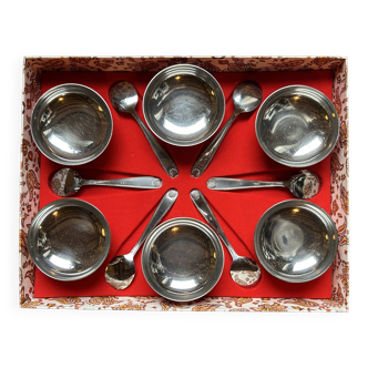 Box of ice cream cups and assorted small spoons in vintage stainless steel