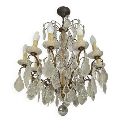 Lustre 10 bras de lumière ancien à pampilles en cristal