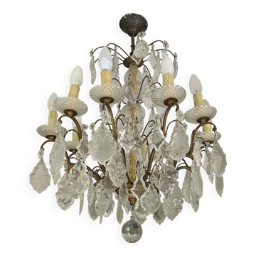 Lustre 10 bras de lumière ancien à pampilles en cristal