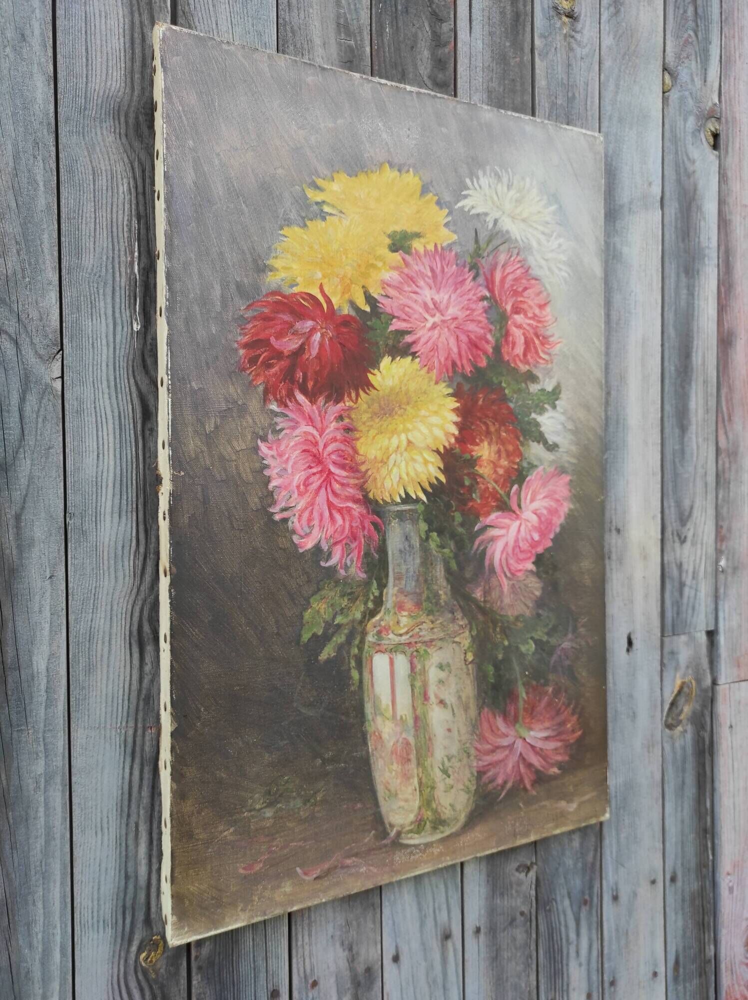 French Vintage signed oil painting of flowers