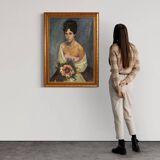 Tableau portrait d'une dame au bouquet de fleurs du 20ème siècle