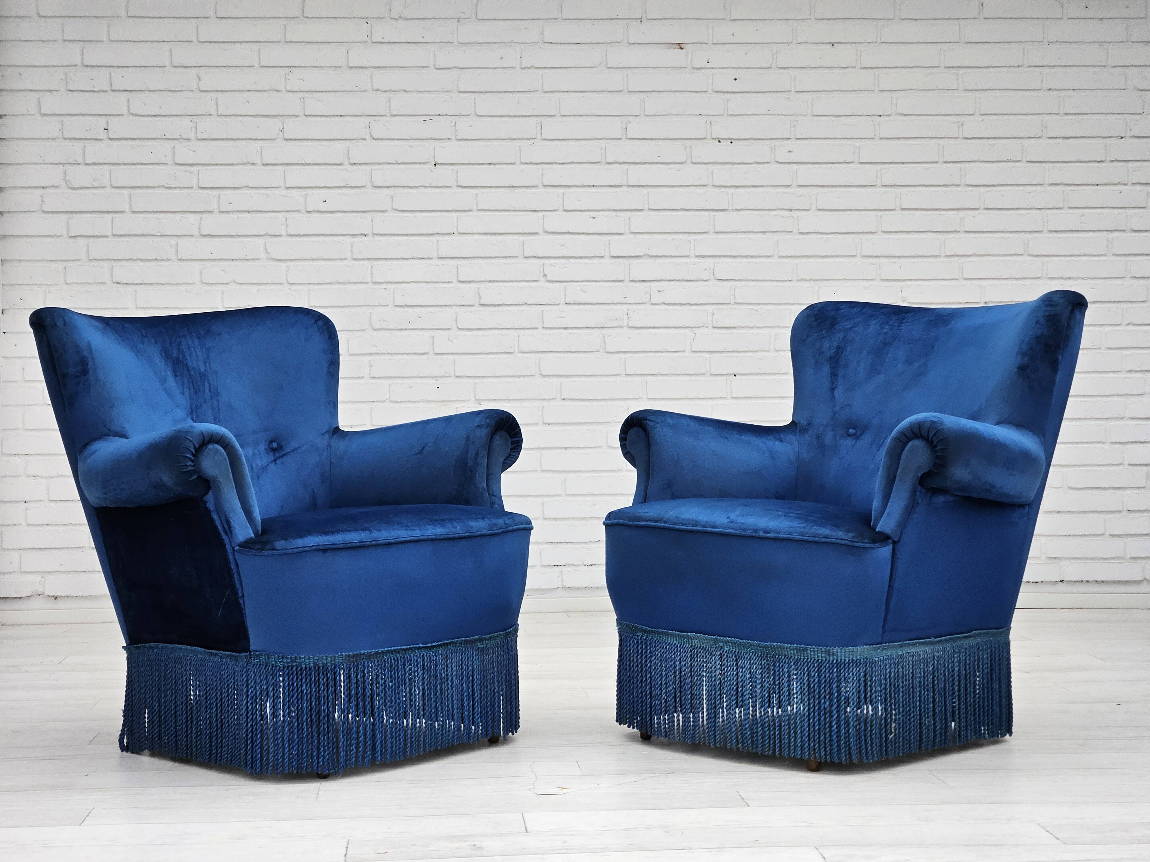 1960s, Danish lounge chair, blue furniture velour, beech wood legs.