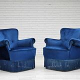 1960s, Danish lounge chair, blue furniture velour, beech wood legs.
