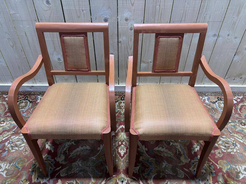 Paire de fauteuils bridge en tissu rayé terracotta