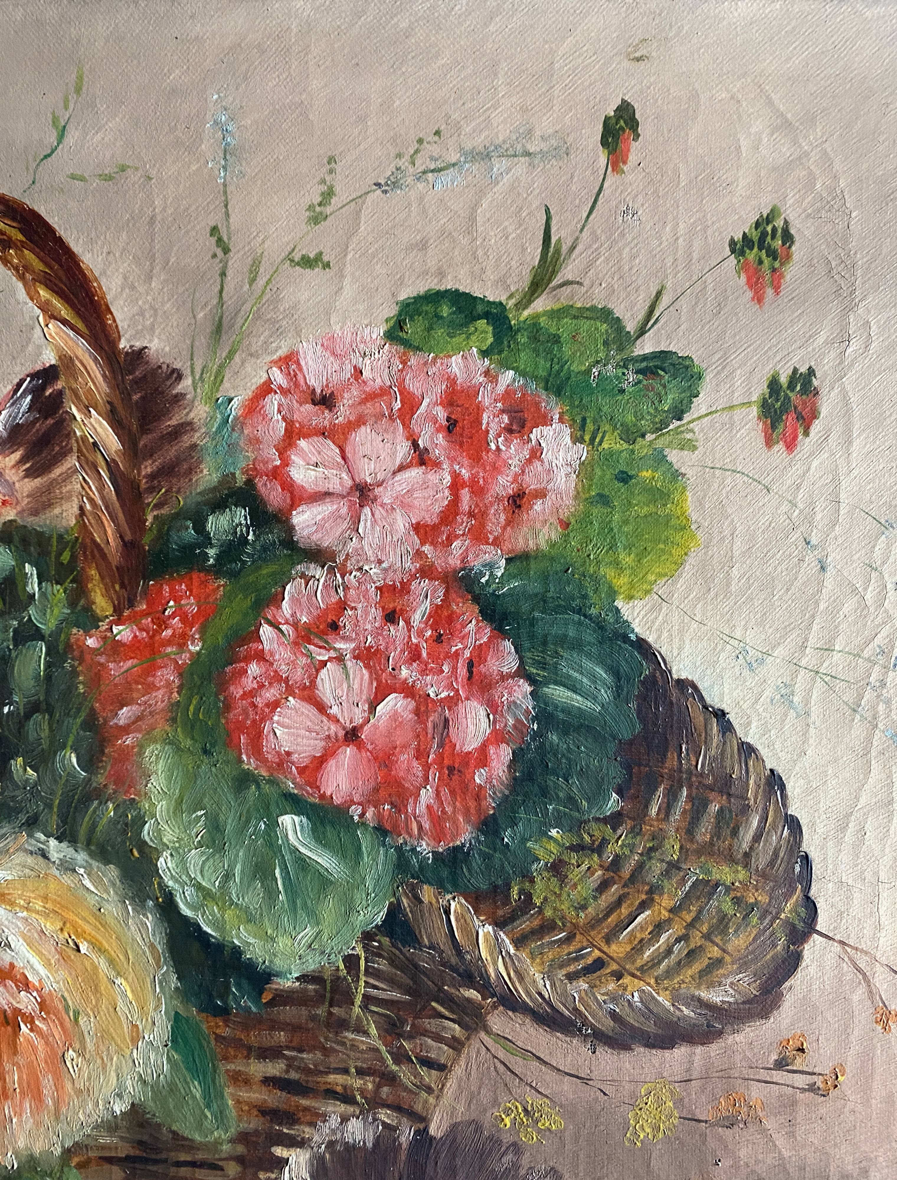 Tableau HST "Bouquet de fleurs des champs au panier" 1900 signé Delplanque