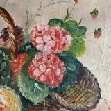 HST painting "Bouquet of wild flowers in basket" 1900 signed Delplanque