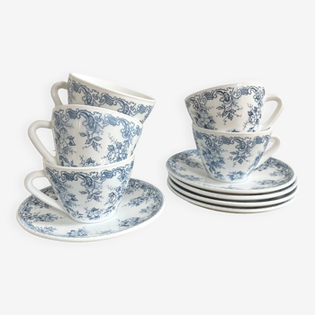 5 tasses à café décor fleurs bleues années 70