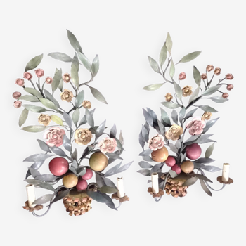 Pair Of Old Fruit And Flower Sheet Metal Wall Lamps