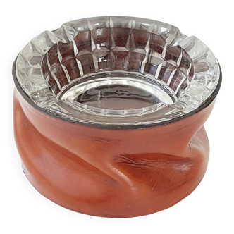 Vintage 1970 round ashtray in leather & glass