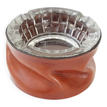 Cendrier rond vintage 1970 en cuir & verre