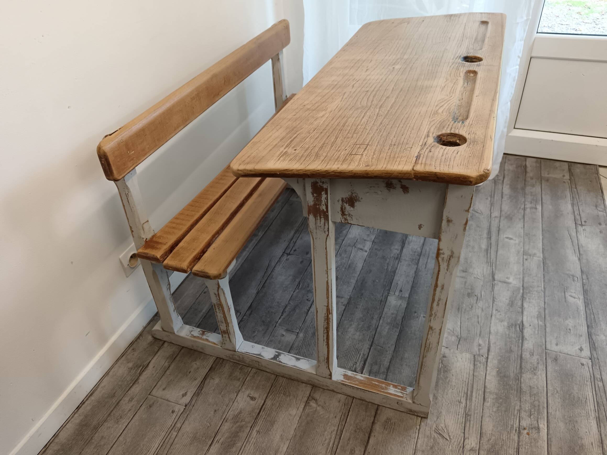 Double school desk in wood and patinated gray