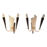 Pair of lunel mid century wall sconces, perspex texture, brass, gold, black