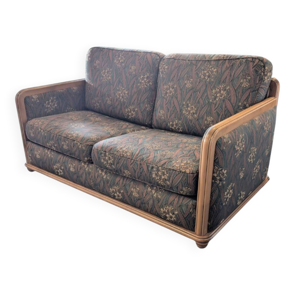 Canapé convertible vintage 2 places – bois et tissu à motifs